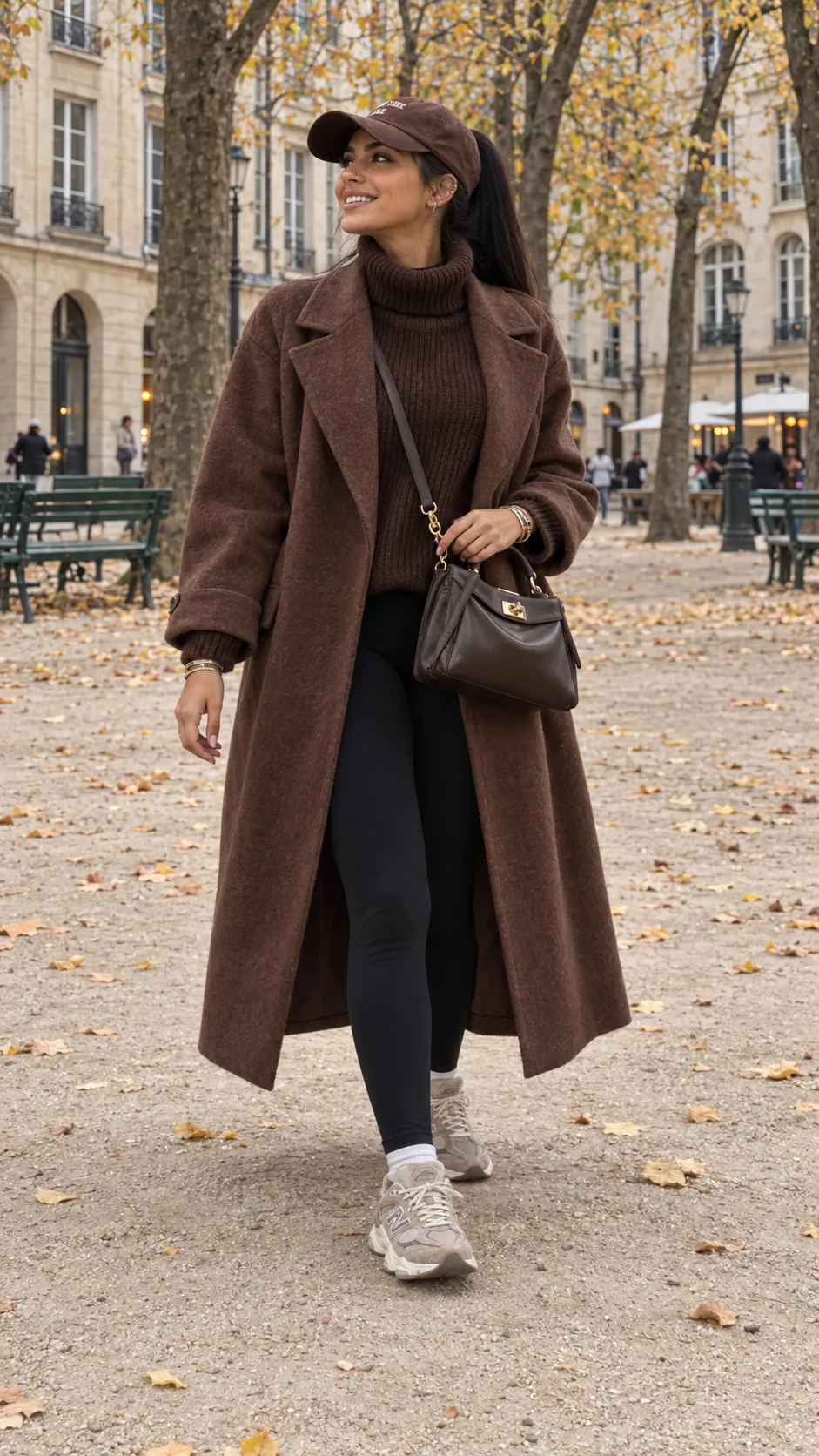 Samia marchant place Dauphine, casquette marron brodée, long manteau cacao ouvert, pull col roulé chocolat, legging noir, sac chocolat porté en bandoulière et baskets New Balance taupe