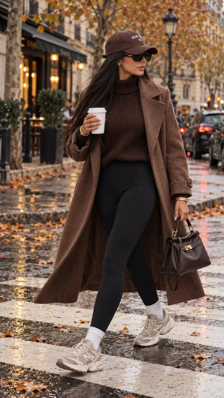 Samia traversant un passage piéton mouillé, casquette marron brodée New York, lunettes de soleil, long manteau marron ouvert, pull col roulé chocolat, legging noir, sac chocolat à poignée et baskets New Balance taupe