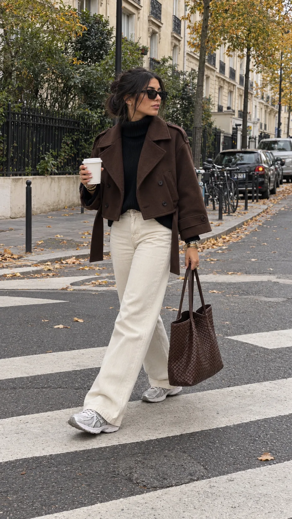 Samia traversant un passage piéton aux Batignolles, café à la main, veste courte chocolat ceinture qui pend, col roulé noir, jean écru, cabas tressé tenu à la main et baskets Asics gris argent