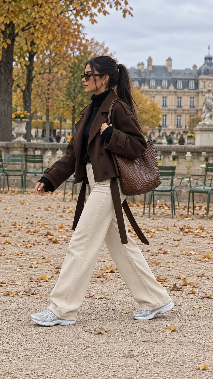 Samia de profil marchant dans une allée du jardin du Luxembourg, même tenue, ceinture de la veste qui pend, cabas tressé à l'épaule et les deux baskets Asics gris argent bien visibles