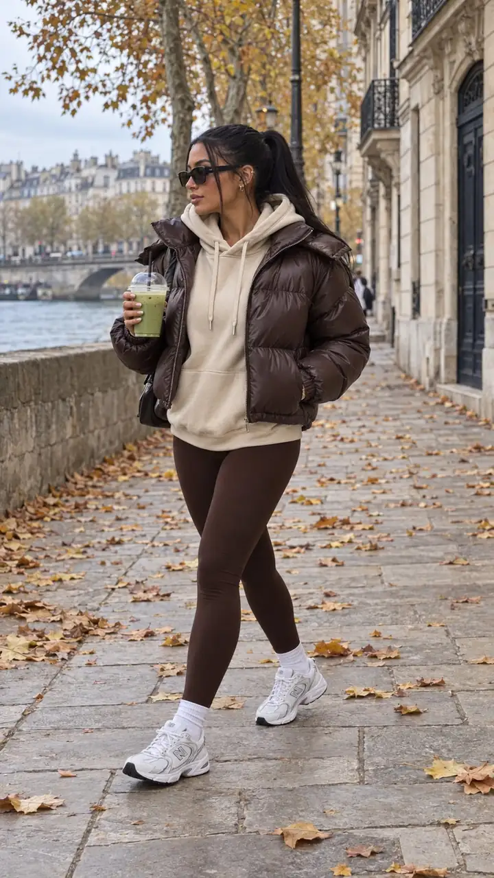 Samia marchant sur un quai pavé de l'île Saint-Louis par temps gris, queue de cheval et lunettes de soleil, un matcha glacé à la main, doudoune courte chocolat brillante ouverte, sweat à capuche beige, legging chocolat, chaussettes blanches et baskets New Balance 530 blanc argent