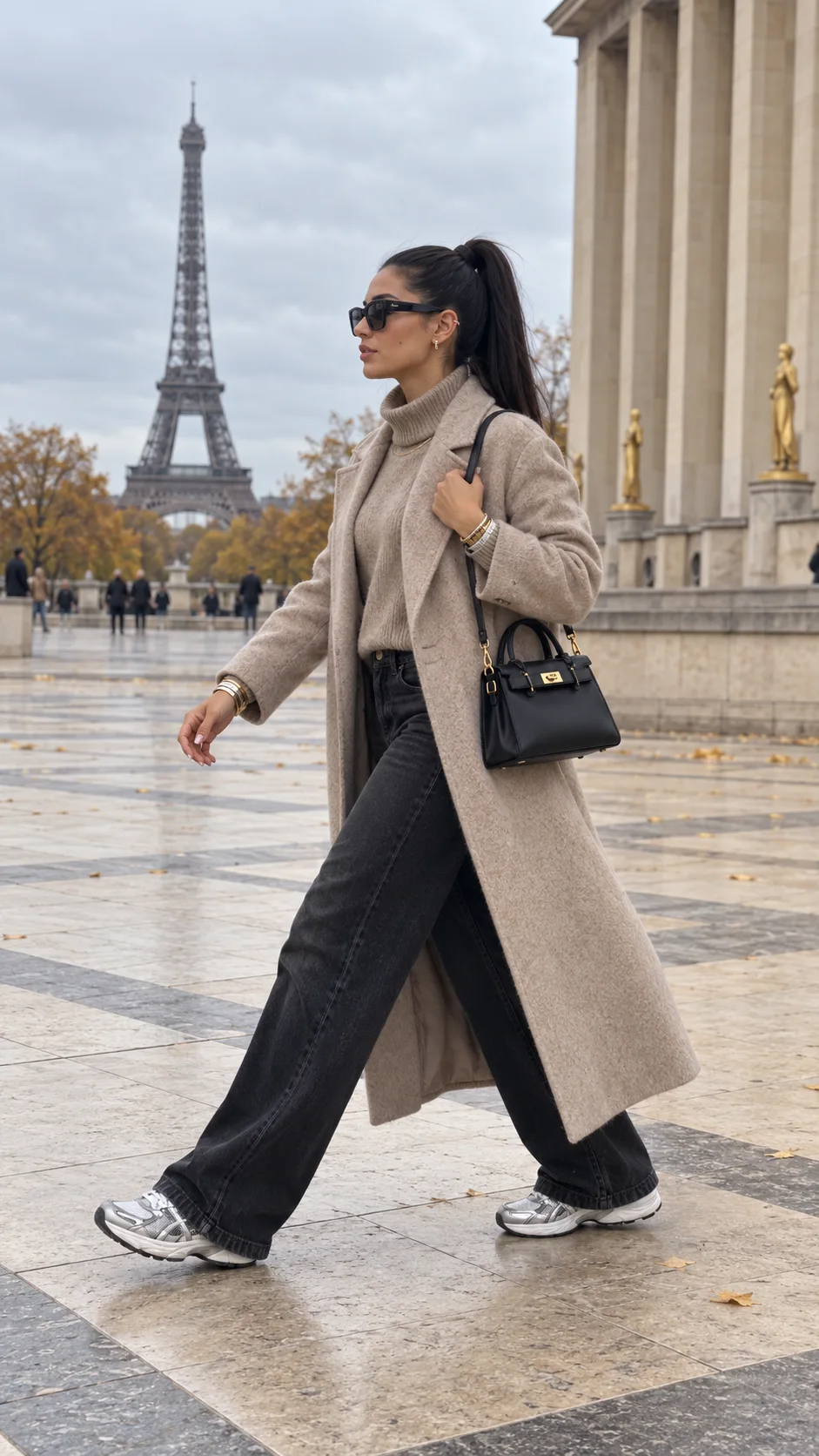 Samia marchant de profil sur l'esplanade du Trocadéro, tour Eiffel au fond, long manteau grège, col roulé taupe, jean noir large, sac noir à l'épaule et baskets Asics argentées