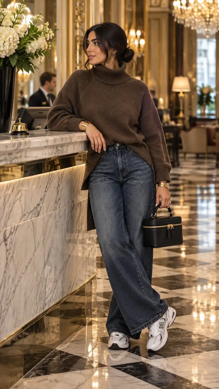 Samia accoudée au comptoir en marbre de la réception d'un grand hôtel parisien, pull col roulé chocolat ample, jean brut large, sac vanity noir à zip doré et baskets New Balance blanches et argent