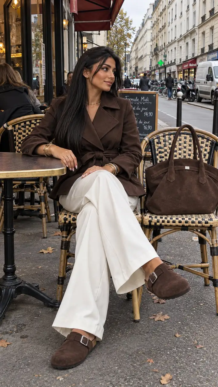 Samia assise en terrasse d'un bistrot parisien par temps gris, jambes croisées, veste courte chocolat ceinturée, pantalon large blanc crème, sabots en suédine chocolat et grand cabas chocolat posé sur la chaise voisine