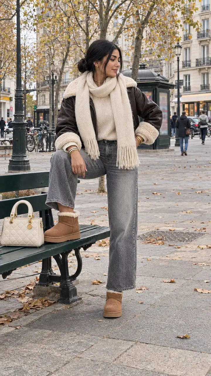 Samia sur la même place, un pied posé sur un banc vert, bottines fourrées camel bien visibles, sac matelassé crème posé sur le banc