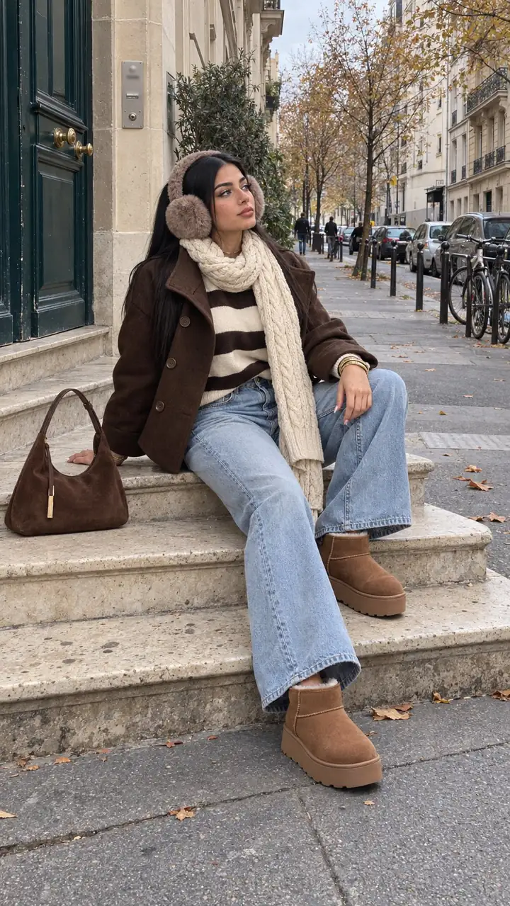 Samia assise sur les marches en pierre d'un immeuble parisien par temps gris, manteau court chocolat, pull crème à rayures chocolat, écharpe torsadée crème, cache-oreilles taupe, jean bleu clair large, bottines fourrées camel et sac en suédine chocolat posé à côté d'elle