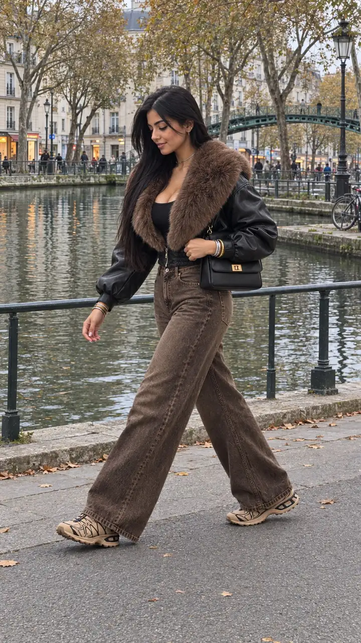Samia marchant de profil le long du canal Saint-Martin par temps gris, blouson noir à col fourrure marron, débardeur noir, jean marron large, sac baguette noir et baskets Salomon beiges bien visibles