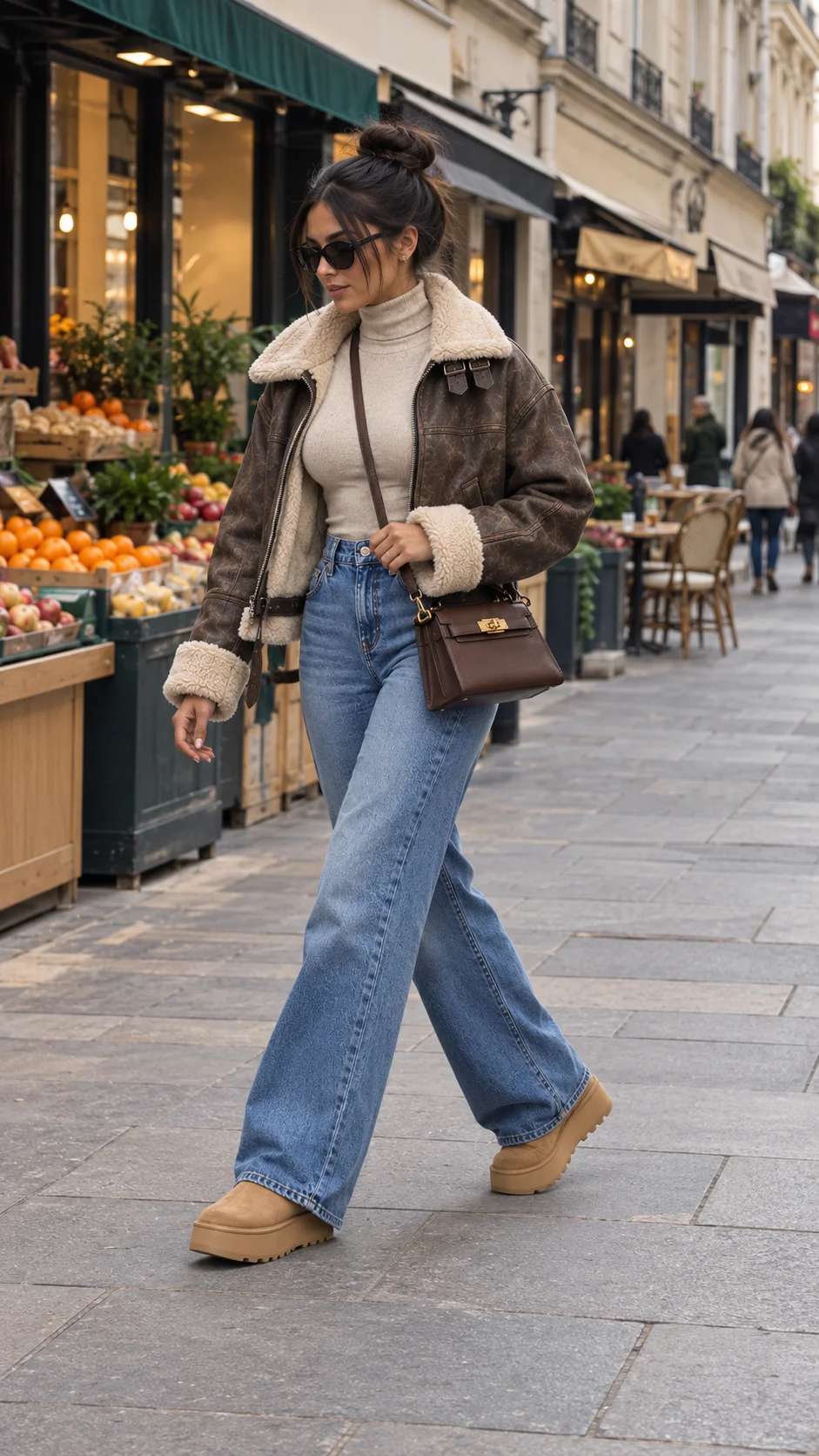 Samia marchant rue Cler devant un primeur, blouson aviateur marron vieilli à col sherpa, col roulé beige, jean bleu large, petit sac chocolat en bandoulière et mini-bottes camel à plateforme