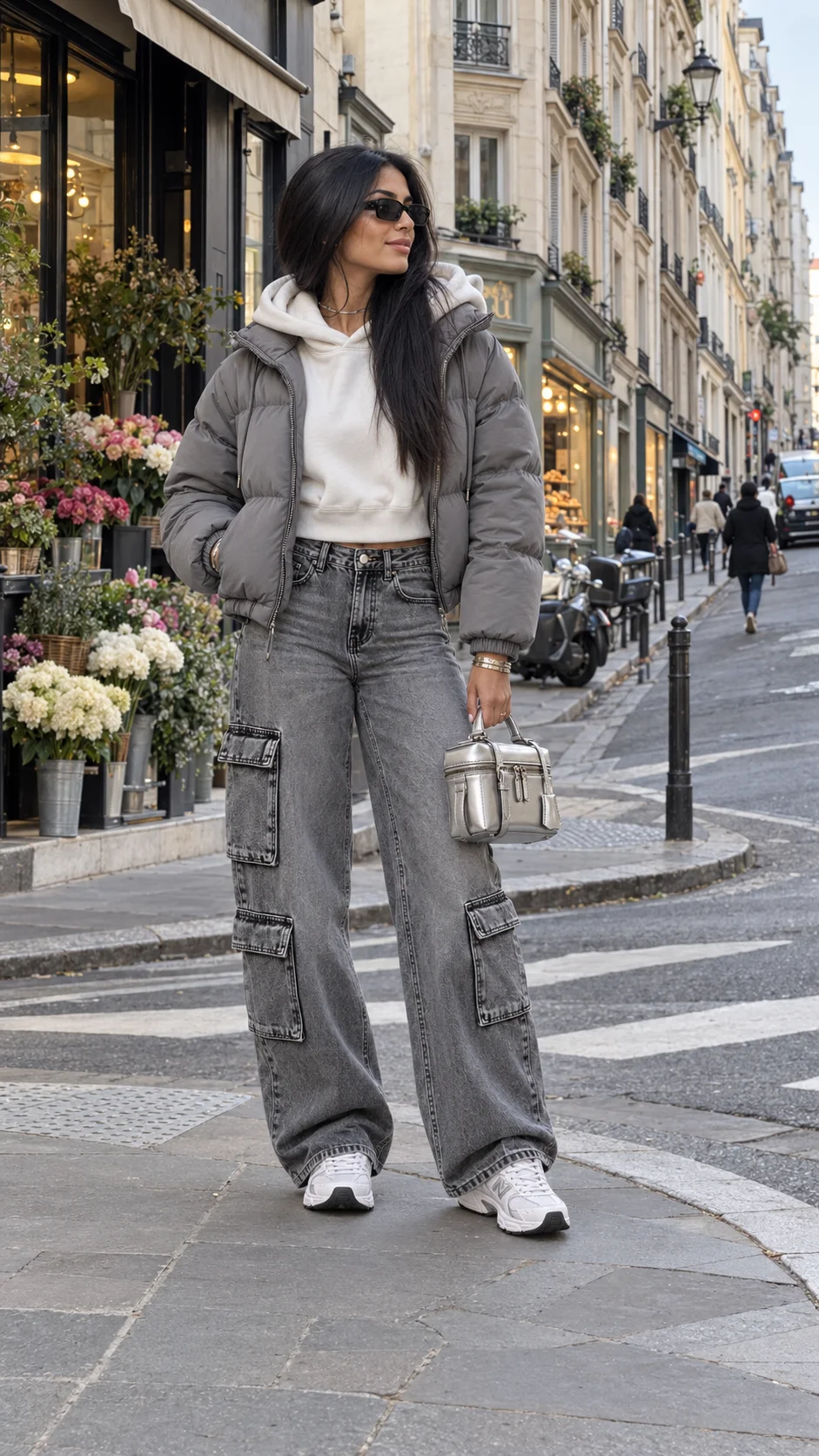Samia debout rue des Martyrs devant un fleuriste, doudoune grise ouverte, sweat à capuche blanc, jean cargo gris délavé, vanity argenté à la main et baskets New Balance blanches
