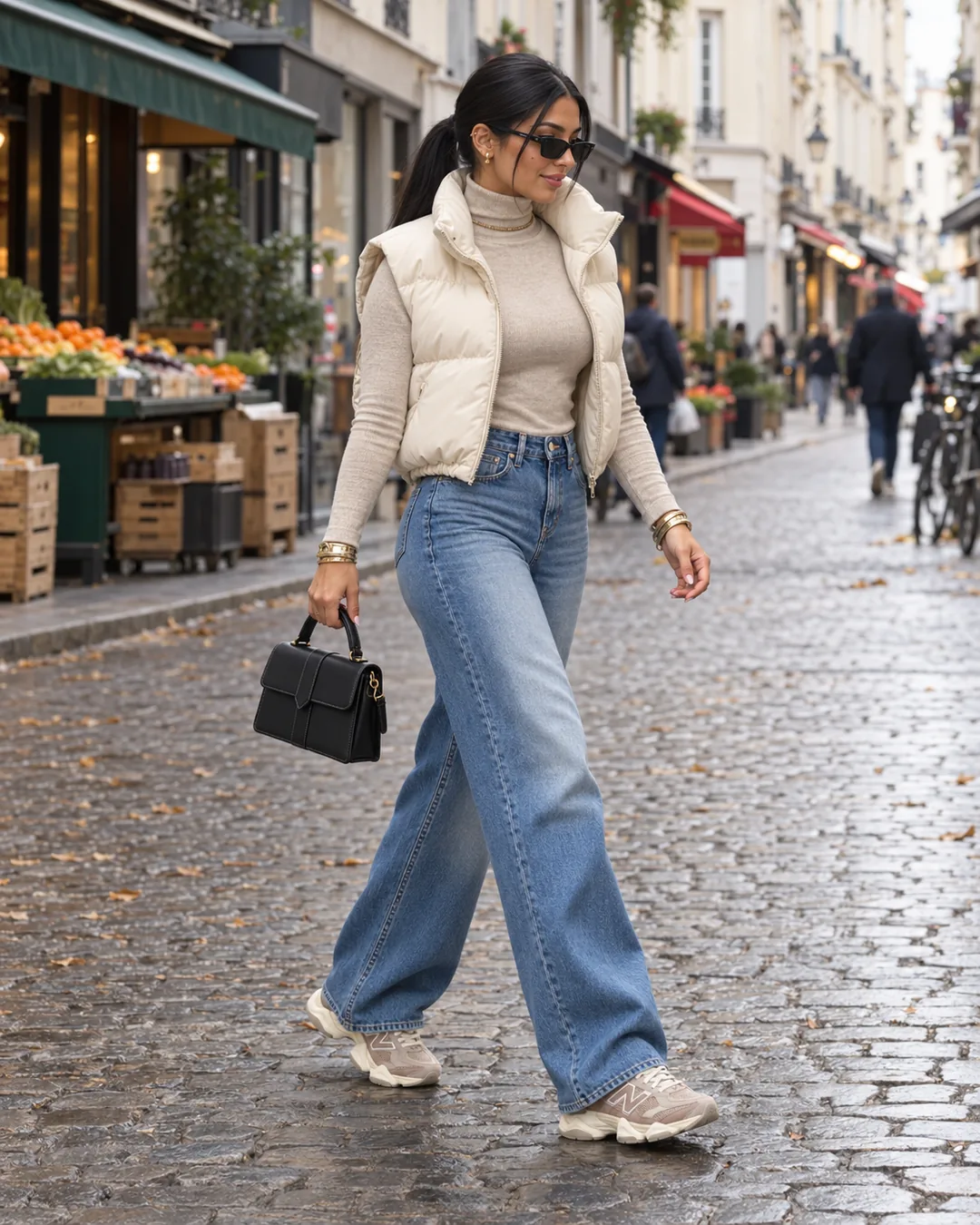 Samia marchant rue Montorgueil sur les pavés mouillés, doudoune sans manches crème, col roulé beige, jean bleu large, petit sac noir à la main et baskets New Balance taupe