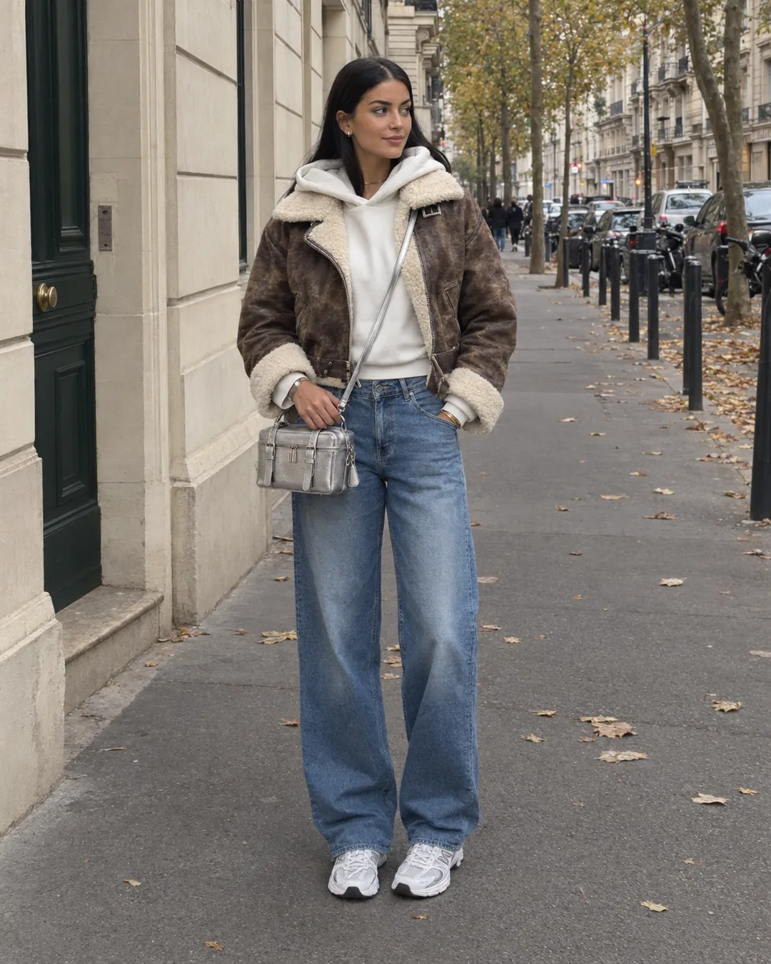 Samia debout sur un trottoir du 7e arrondissement, blouson aviateur marron vieilli à col sherpa, sweat à capuche blanc, jean bleu large, vanity argenté en bandoulière et baskets New Balance blanc et argent