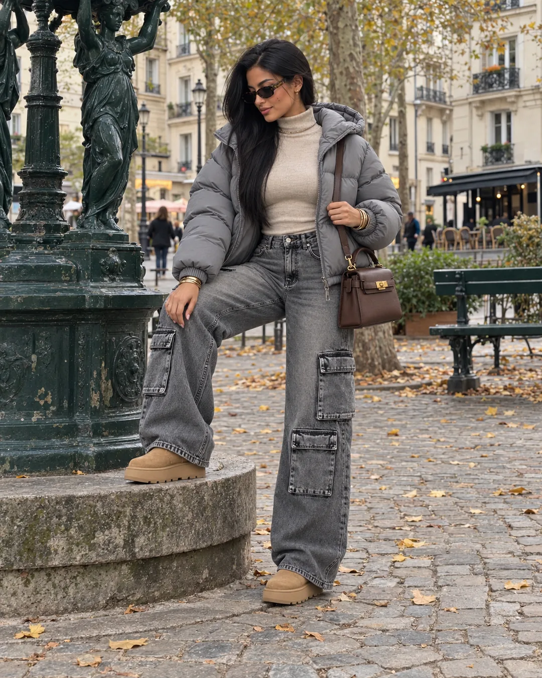 Samia un pied posé sur le socle d'une fontaine Wallace, doudoune grise ouverte, col roulé beige, jean cargo gris, petit sac chocolat en bandoulière et mini-bottes camel à plateforme