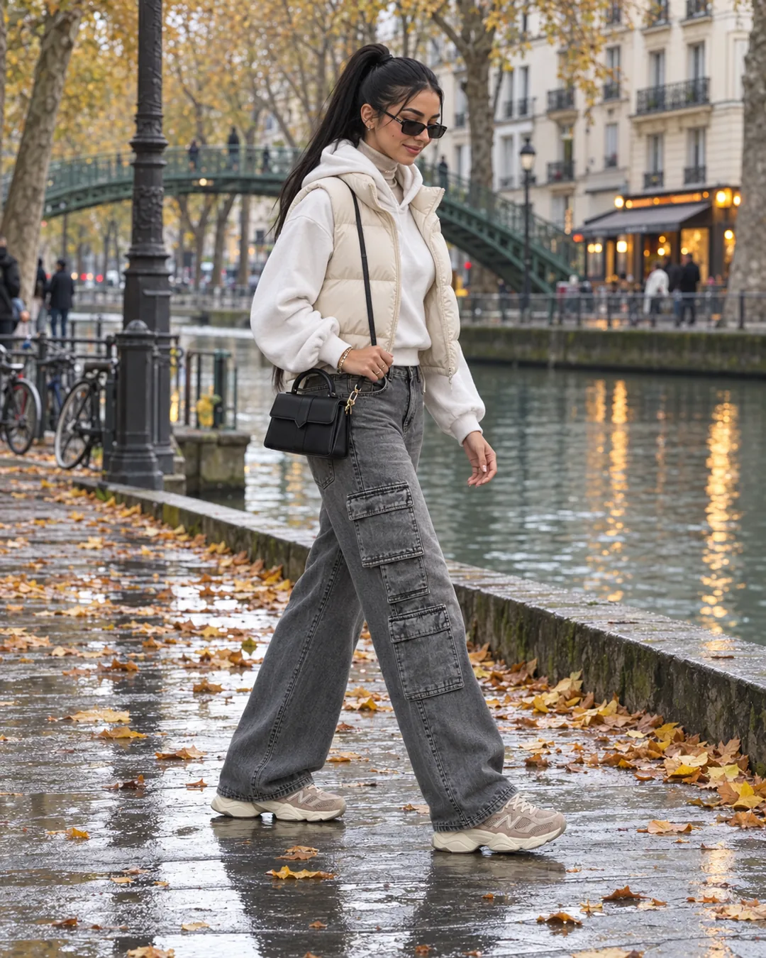 Samia marchant le long du canal Saint-Martin sur le quai mouillé, doudoune sans manches crème sur un sweat à capuche blanc et un col roulé beige, jean cargo gris, petit sac noir en bandoulière et baskets New Balance taupe