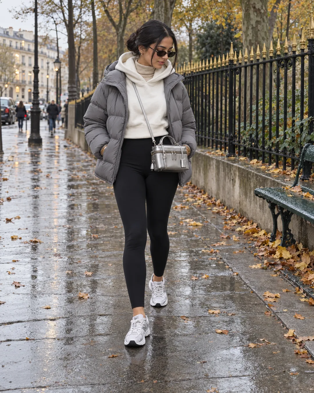 Samia marchant le long des grilles du parc Monceau sur le trottoir mouillé, doudoune grise ouverte, col roulé beige sous un sweat à capuche blanc, legging noir, vanity argenté en bandoulière et baskets New Balance blanc et argent