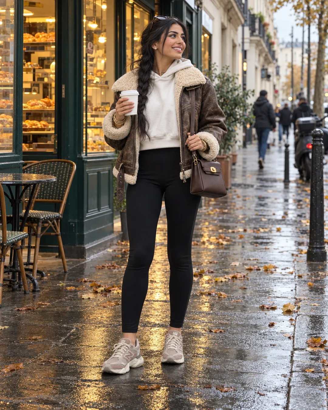 Samia debout devant une boulangerie, un café à la main, blouson aviateur marron vieilli à col sherpa, sweat à capuche blanc, legging noir, petit sac chocolat à l'épaule et baskets New Balance taupe