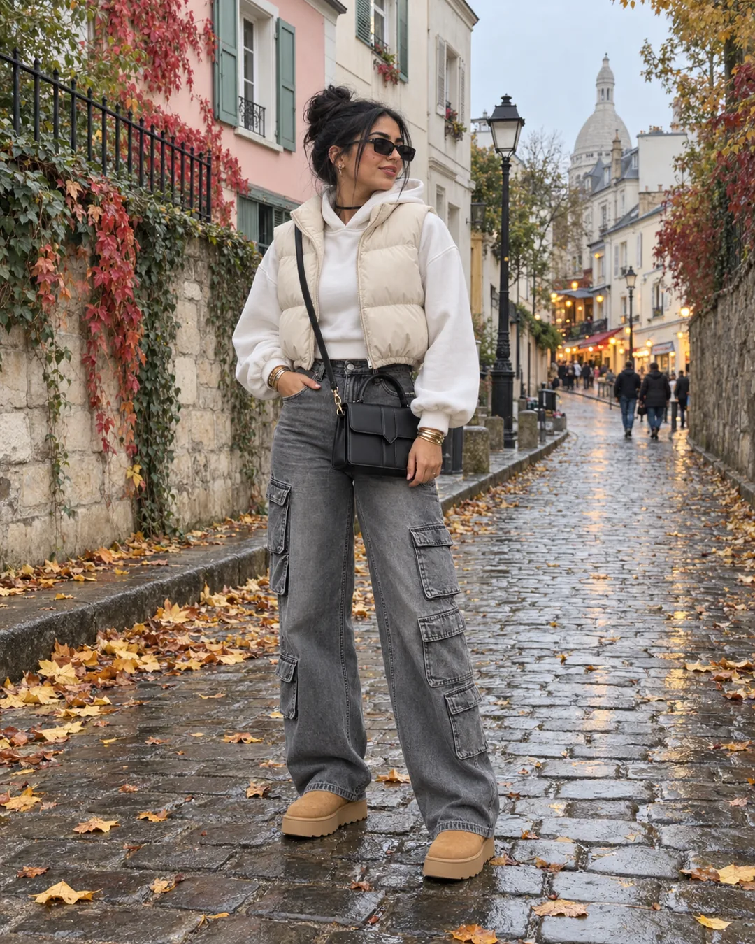 Samia debout dans une ruelle pavée et mouillée de Montmartre, doudoune sans manches crème, sweat à capuche blanc, jean cargo gris, petit sac noir en bandoulière et mini-bottes camel