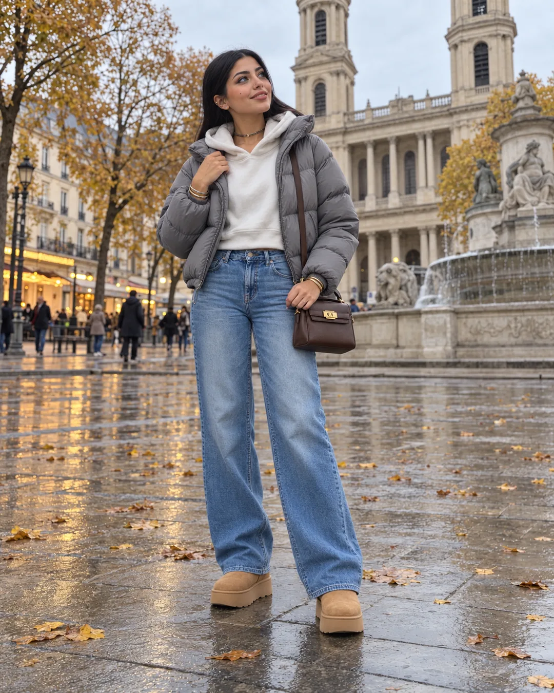 Samia debout place Saint-Sulpice sur les pavés mouillés, l'église et la fontaine derrière elle, doudoune grise ouverte, sweat à capuche blanc, jean bleu large, petit sac chocolat en bandoulière et mini-bottes camel