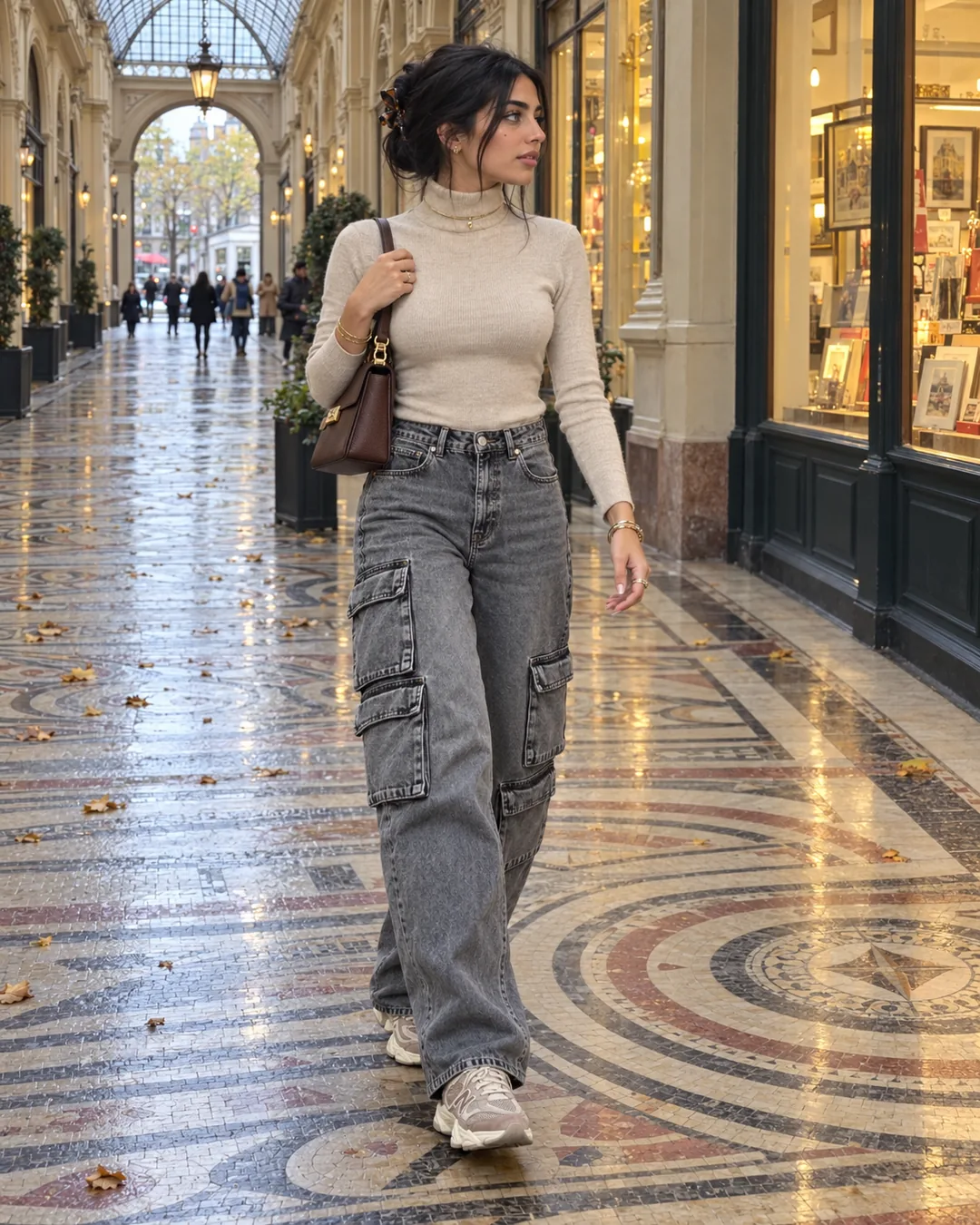 Samia marchant dans la galerie Vivienne sur le sol en mosaïque, col roulé beige rentré dans un jean cargo gris, petit sac chocolat à l'épaule et baskets New Balance taupe