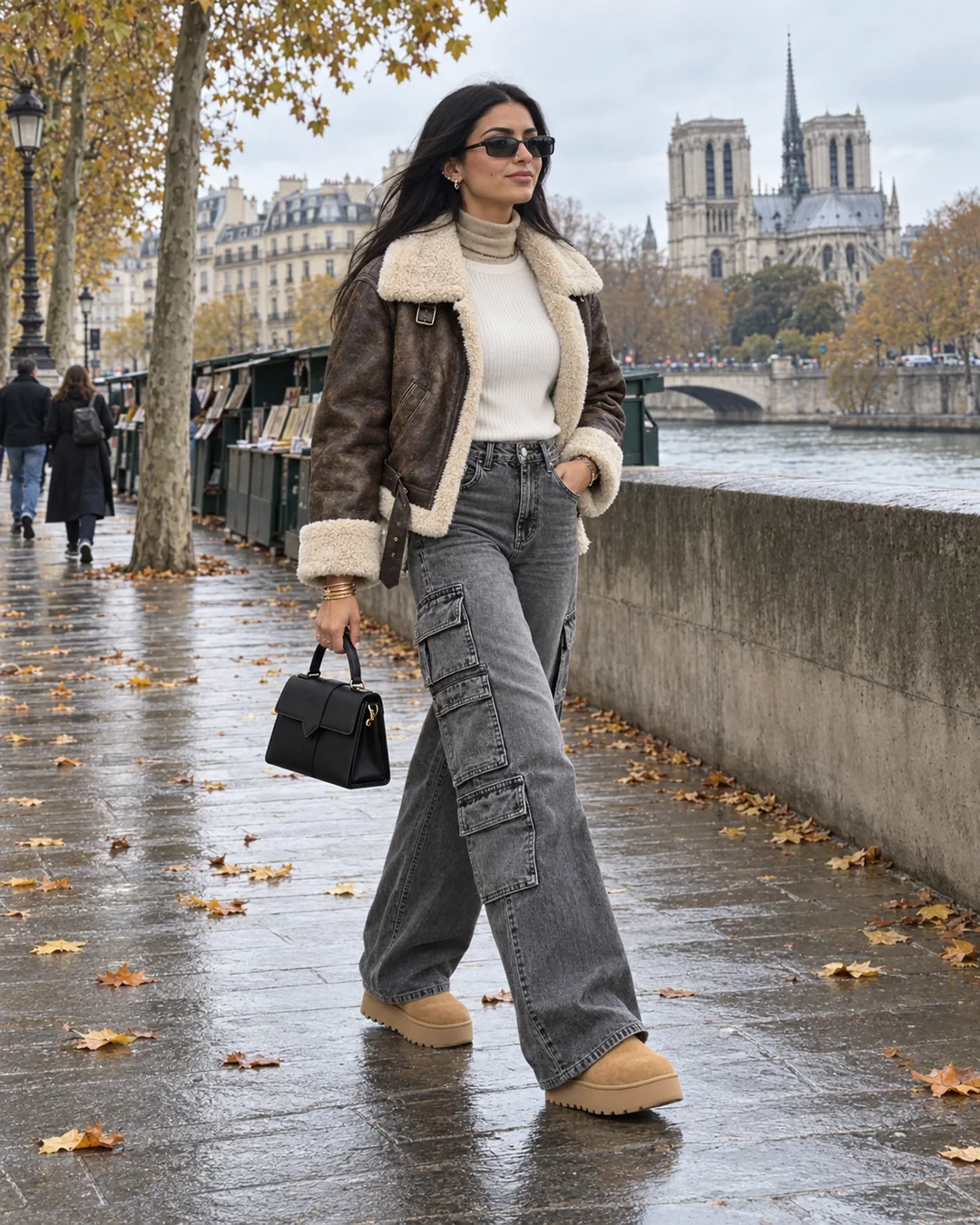 Samia marchant sur le quai de la Tournelle mouillé, Notre-Dame en arrière-plan, blouson aviateur marron vieilli à col sherpa, col roulé beige sous un pull blanc côtelé, jean cargo gris, petit sac noir à la main et mini-bottes camel
